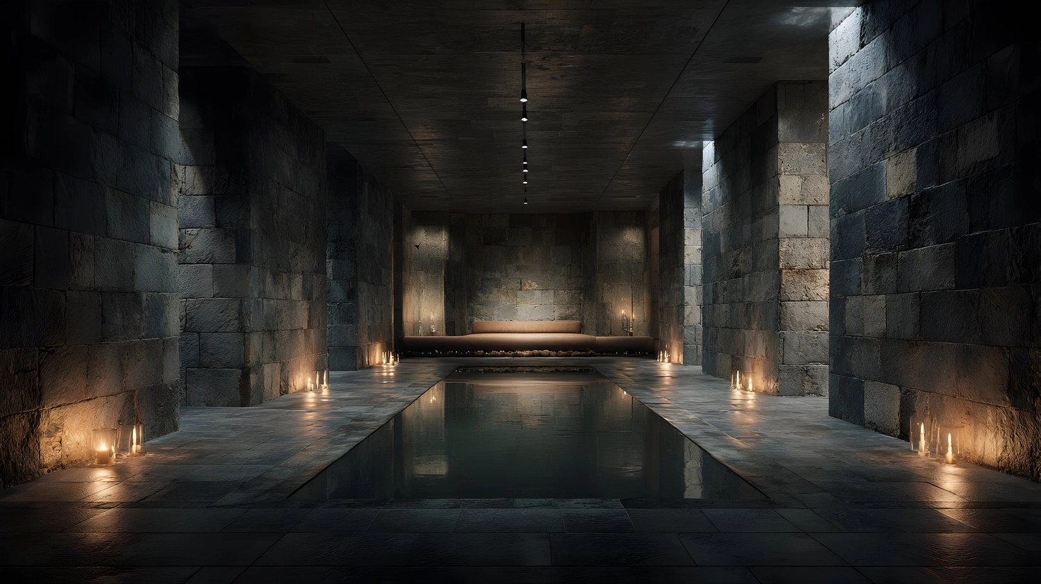 Mutabor ad Lucem - Verein für Freimaurerei - Dunkles Stein-Spa-Interieur mit ruhigem Pool und Kerzen