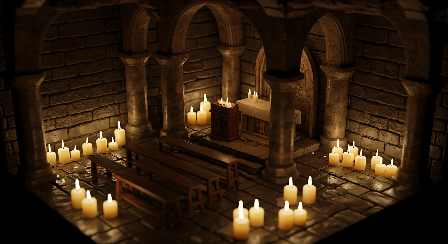 Mutabor ad Lucem - Verein für Freimaurerei - Eine dreidimensionale, unterirdische Kapelle, die von winzigen, leuchtenden Kerzen erhellt wird.